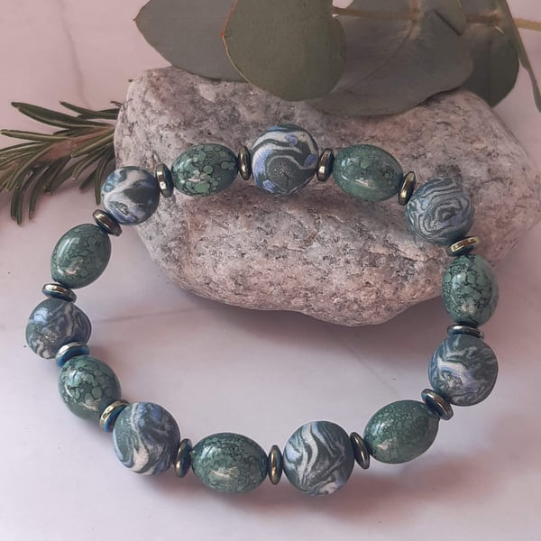 Forest green and sea blue polymer clay stretch bracelet