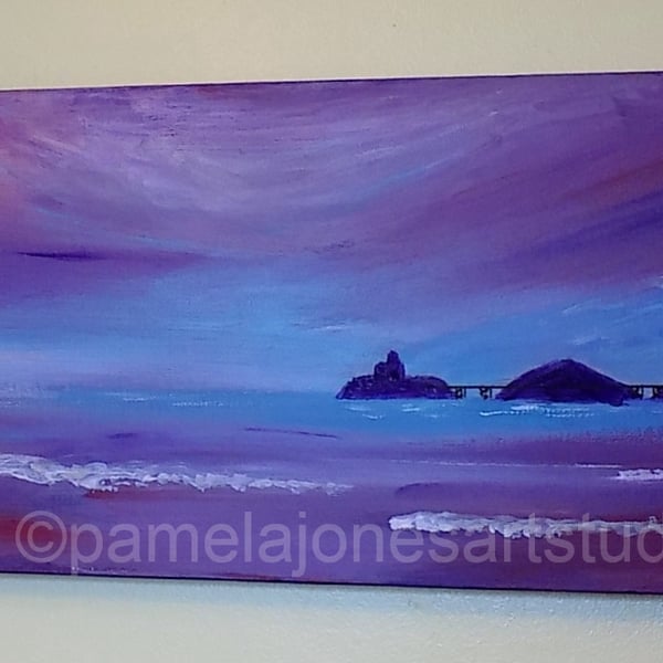 Mumbles, Wales, Original, Abstract, Acrylic Painting, 20 x 8 '' Stretched Canvas
