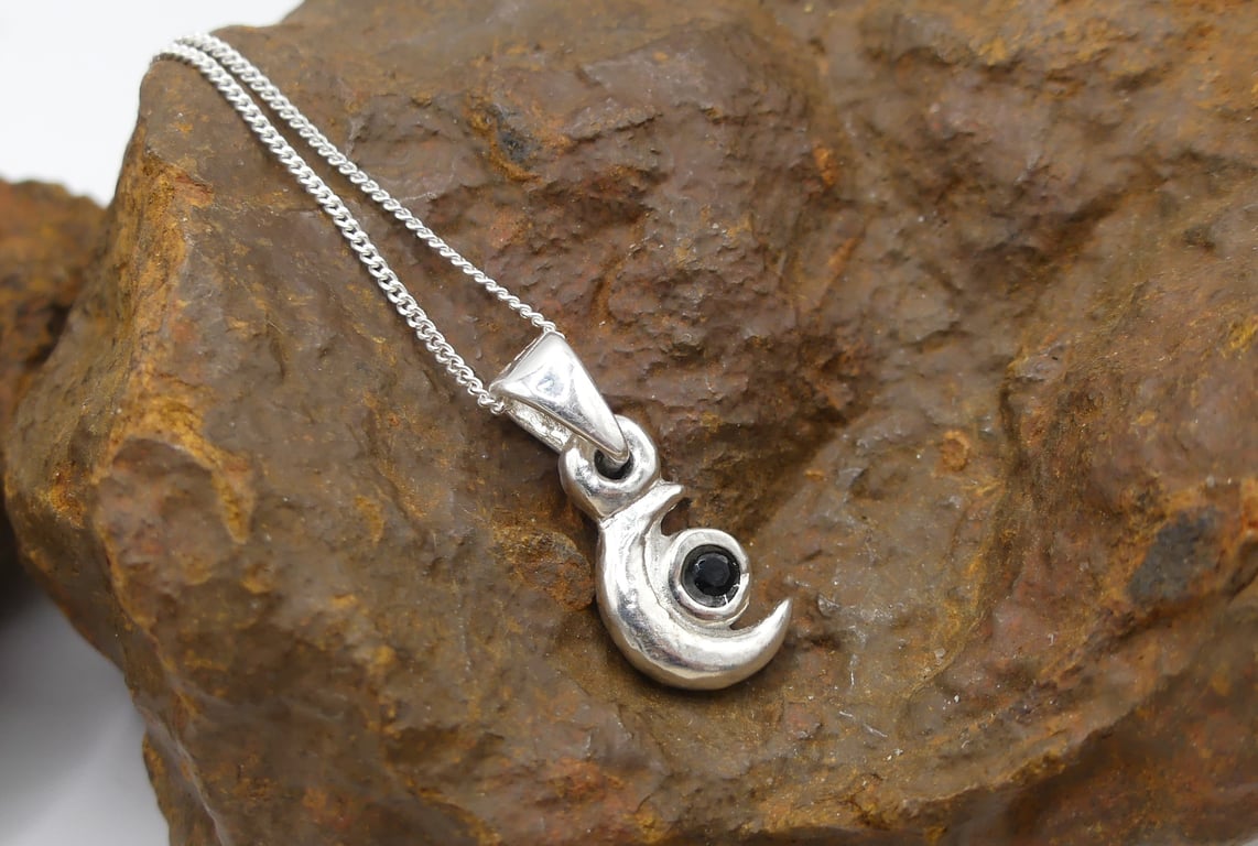 Sterling Silver Half Moon Pendant with Black Spinel Gemstone Necklace.