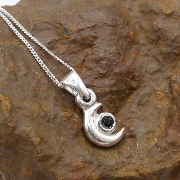 Sterling Silver Half Moon Pendant with Black Spinel Gemstone Necklace.