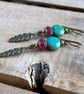 Rustic Feather Charm Earrings with Green & Pink Beads. Czech Glass Jewellery - Image 2