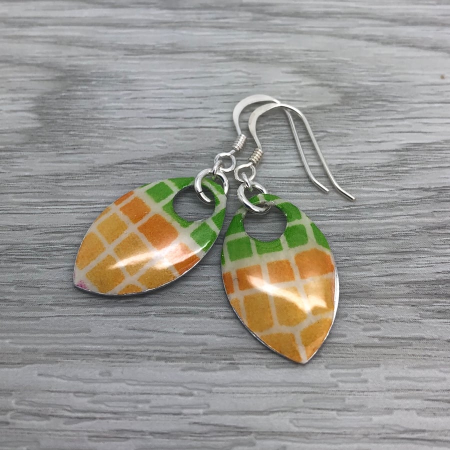 Decoupage and enamel scale earrings. Sterling silver. 