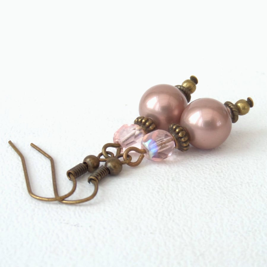 Shell pearl and crystal bronze earrings, vintage inspired