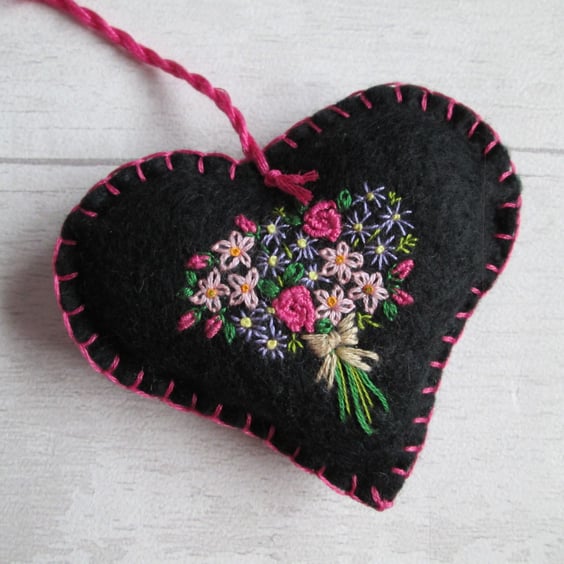 Black felt heart with hand embroidered bouquet of flowers, Hanging Decoration