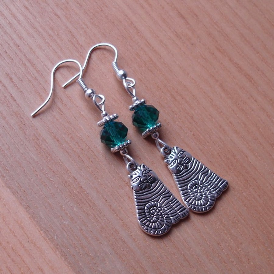 Teal Crystal Striped Cheshire Cat Charm Earrings - Gift for Her