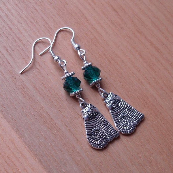 Teal Crystal Striped Cheshire Cat Charm Earrings - Gift for Her