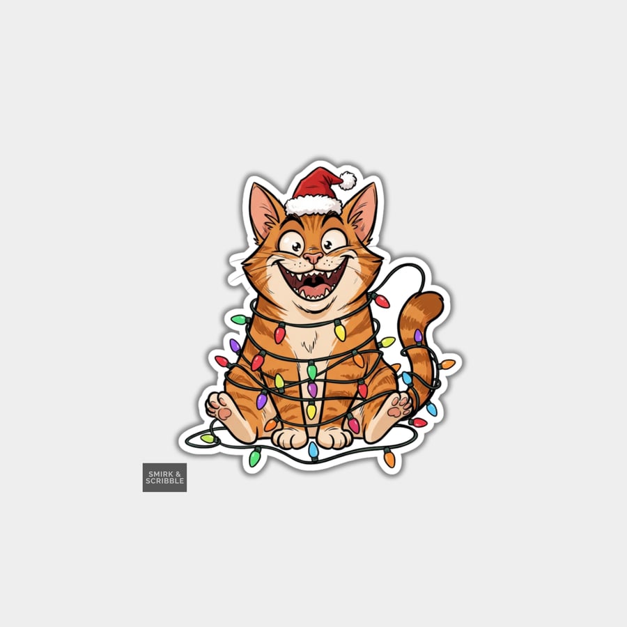 Image of Unique Funny Christmas Sticker Xmas Decal For Adults - Happy Cat & Lights