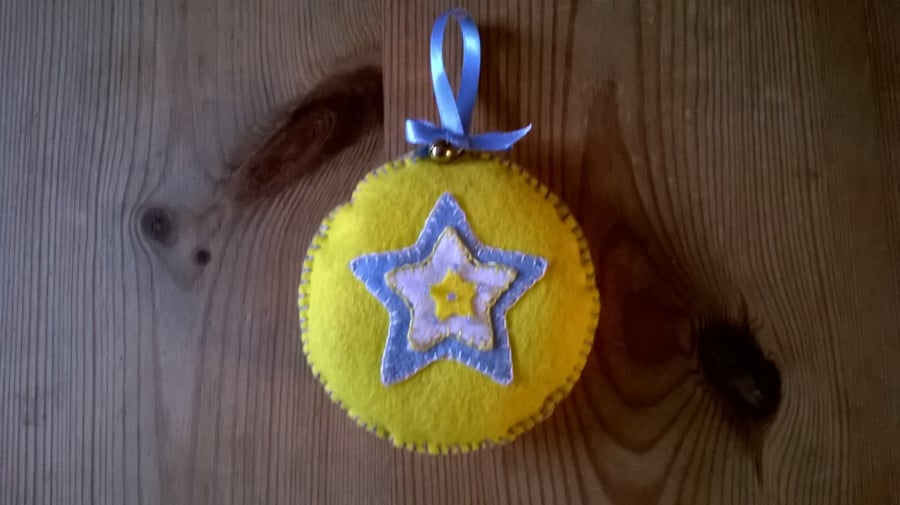 Yellow and blue circular felt Christmas decoration 