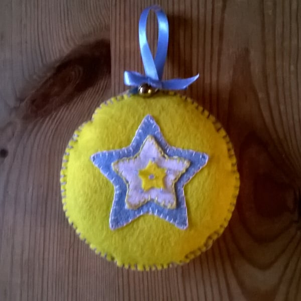Yellow and blue circular felt Christmas decoration 