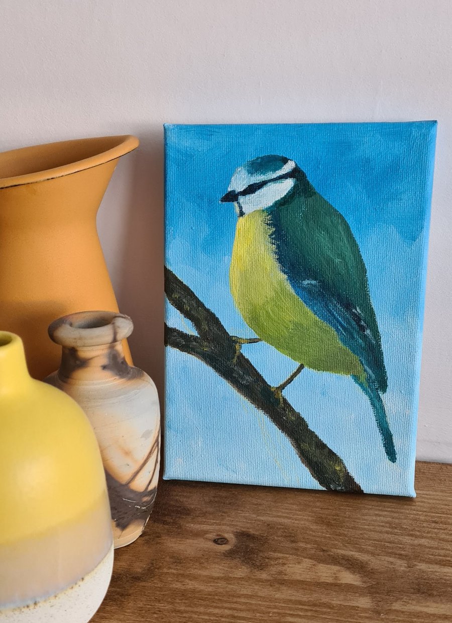 Original art blue tit painting 5x7 acrylic on canvas