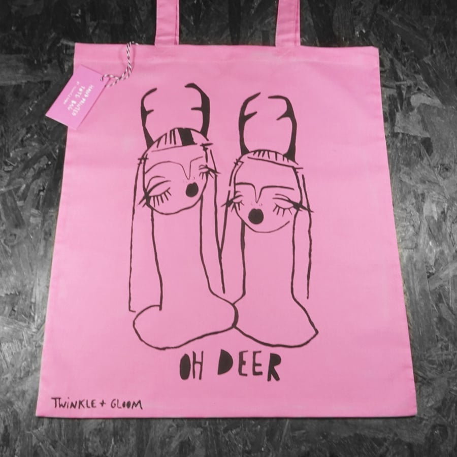'Oh Deer' Handprinted Tote Bag (pink)