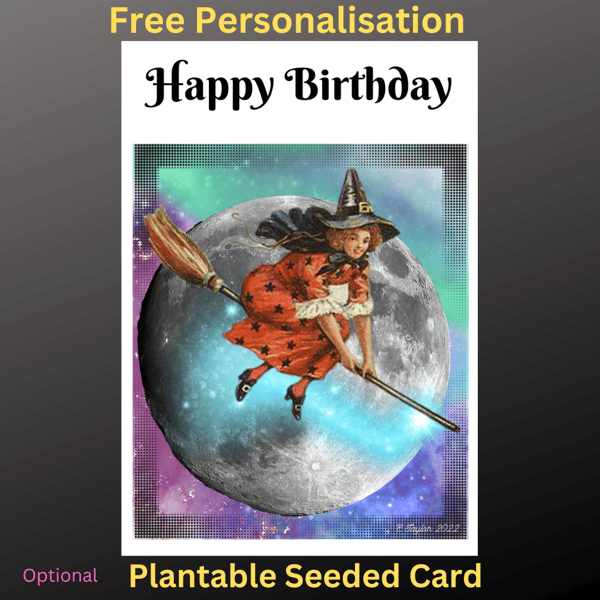 Happy Birthday Card Flying Witch Personalised Seeded Opt  Wiccan Pagan