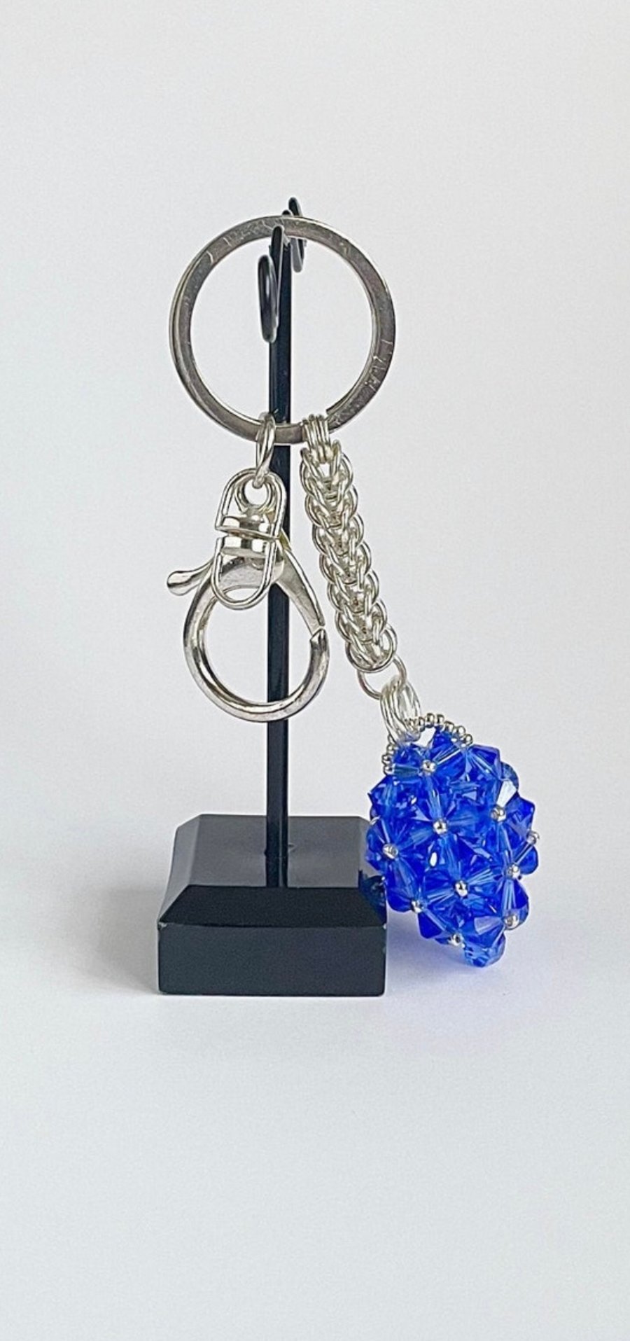 Handbag Charm, Egg Shaped Blue Crystal with a Chainmaille Chain and Keyring
