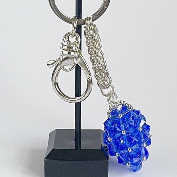 Handbag Charm, Egg Shaped Blue Crystal with a Chainmaille Chain and Keyring