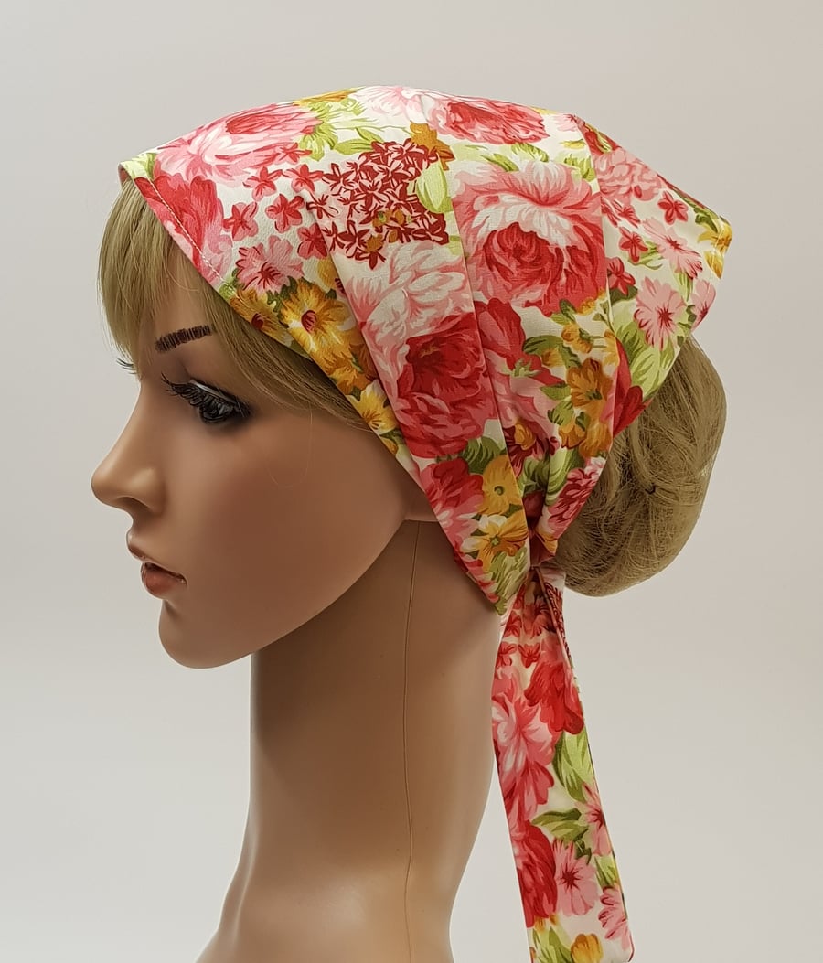 Wide hair bandanna, cotton head wear, nurse hair cover, floral head scarf