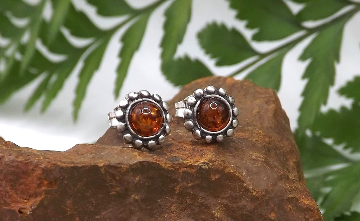Recycled Sterling Silver Round Studded Earrings with Amber.