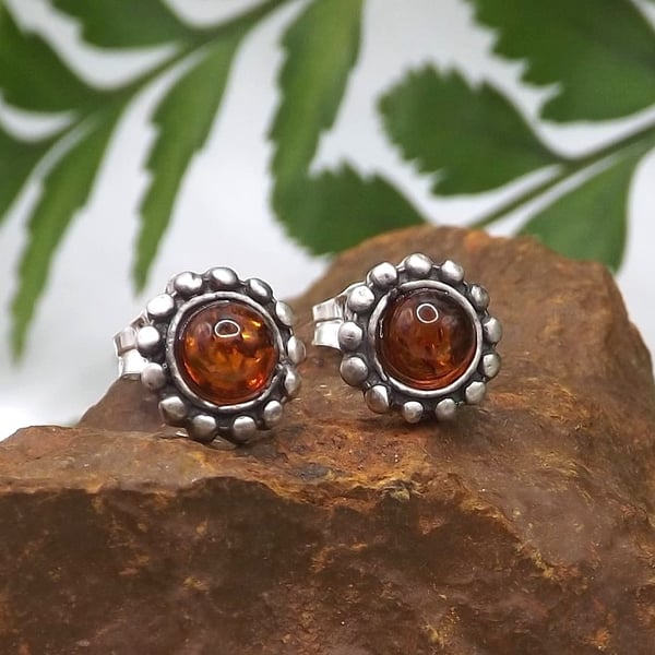 Recycled Sterling Silver Round Studded Earrings with Amber.