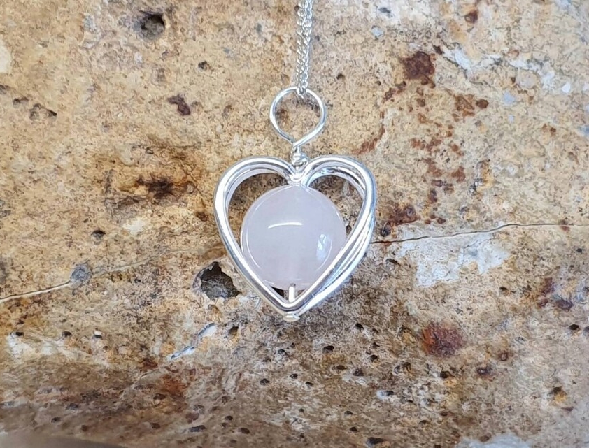 Small Rose Quartz heart pendant necklace. January birthstone. Sterling silver