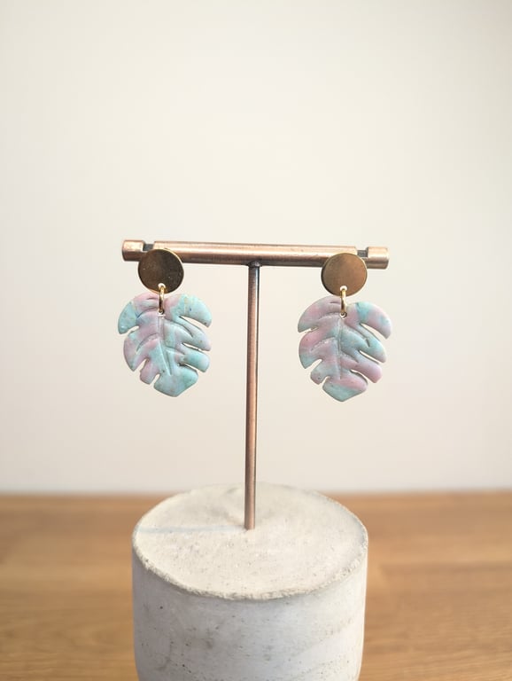 Mint green monstera leaf earrings 