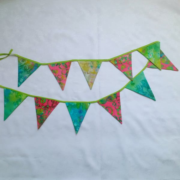 Batik bunting, green, pink, 11 flags, summerhouse decor, summer fête, bright 