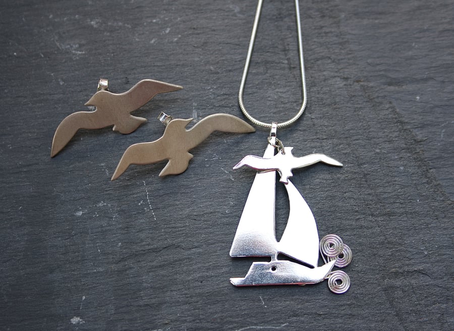 Nautical Seaside Silver Sailboat Pendant with Seagull Charm