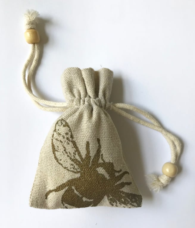 Gold Bumblebee small drawstring printed gift bag natural cotton beaded pouch