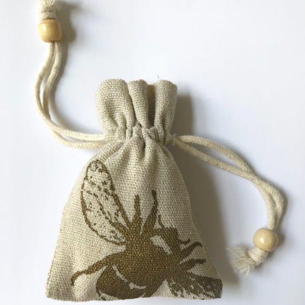Gold Bumblebee small drawstring printed gift bag natural cotton beaded pouch