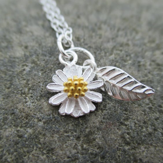 Silver gold Flower Necklace. Little Petal Sterling Silver & Gold Pendant