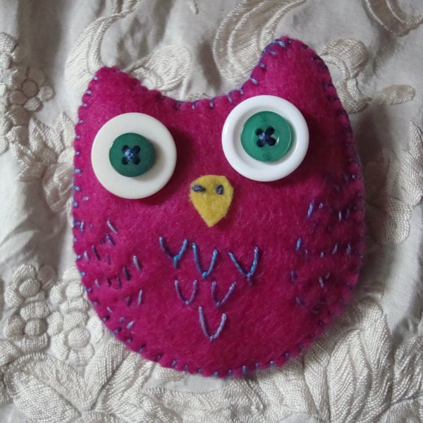 Raspberry Owl Brooch