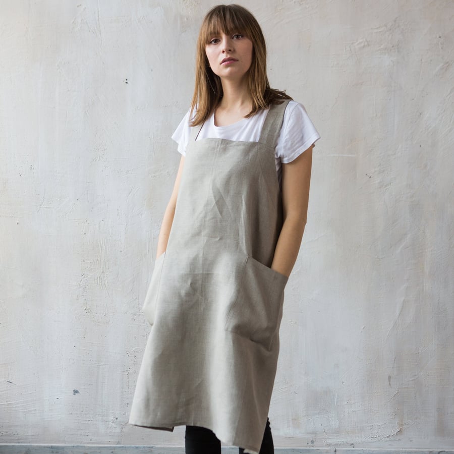 Unbleached Natural Linen Pinafore Apron, Linen Apron for Women, Artists Apron