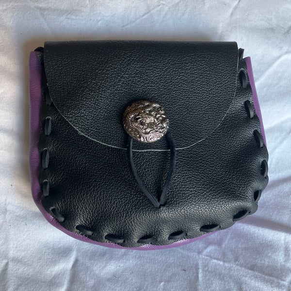 Pouch: Black and Purple coloured Leather Medieval Style With Dragon Closure