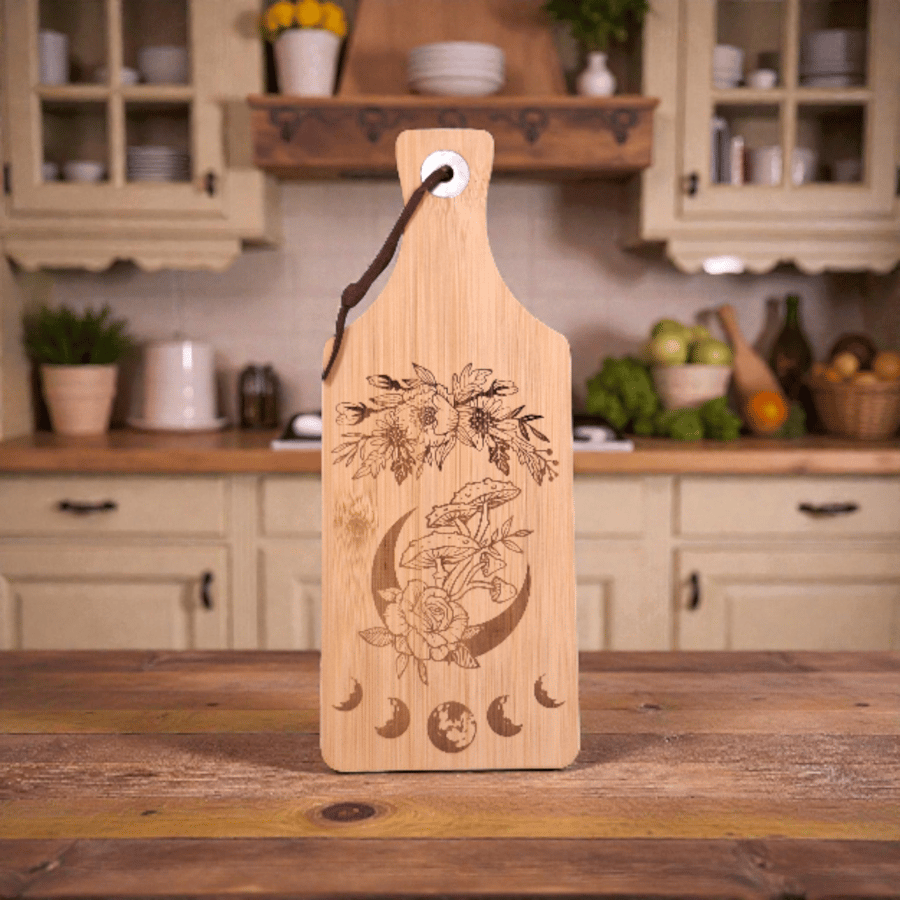 Spiritual Moon Bamboo Board – Crescent Moon & Floral Engraving – 28 x 11cm