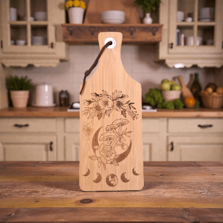 Spiritual Moon Bamboo Board – Crescent Moon & Floral Engraving – 28 x 11cm