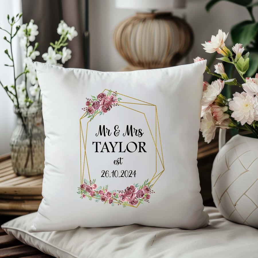 Gold Peach Frame Wedding cushion personalised, Mr and Mrs gift,wedding present