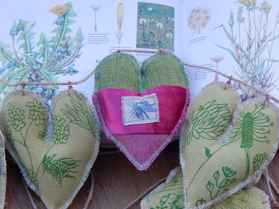 Wild flower  - Screen printed heart - 50cm - Bunting, wall hanging