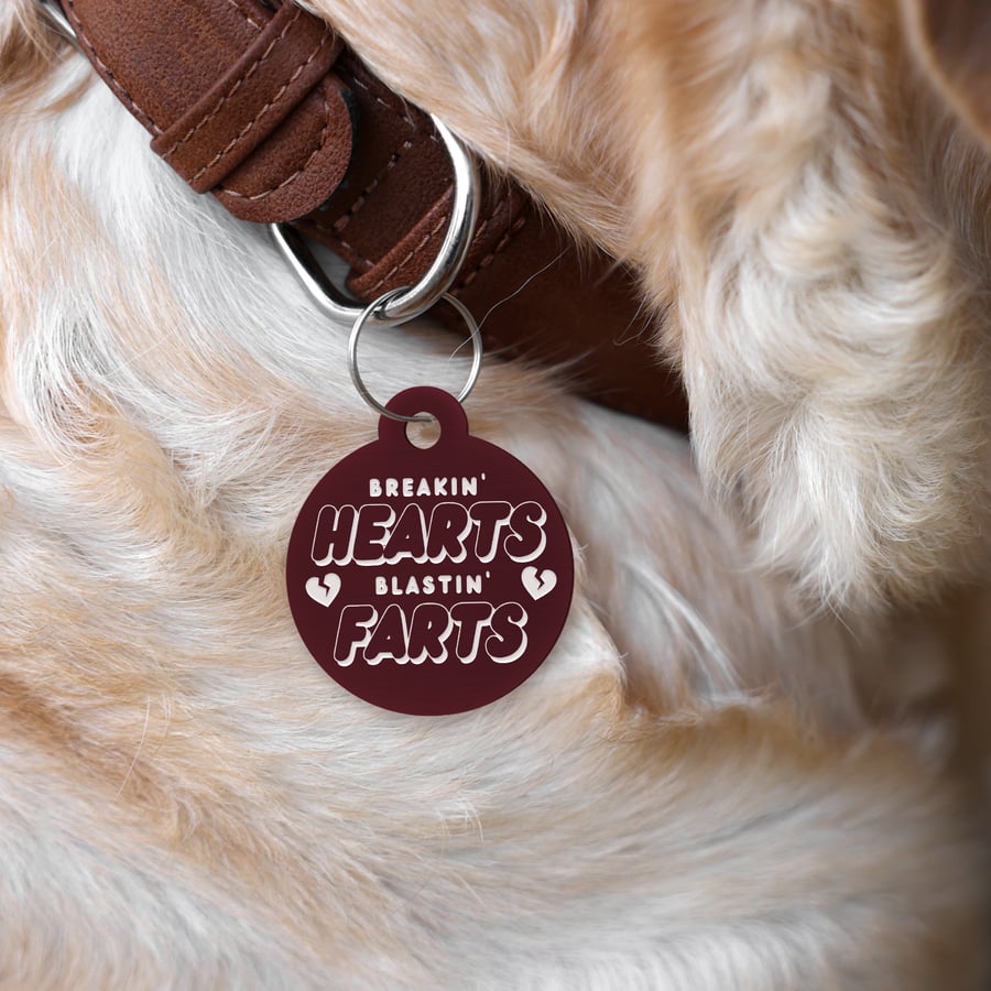 Hearts & Farts - Bubble Personalised Dog ID Collar Tag: Funny Custom Pet Safety 