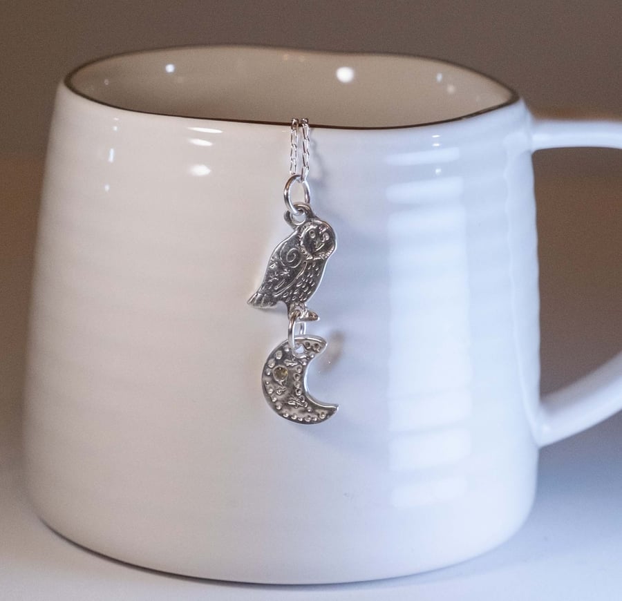 Handmade silver owl and moon necklace with silver chain
