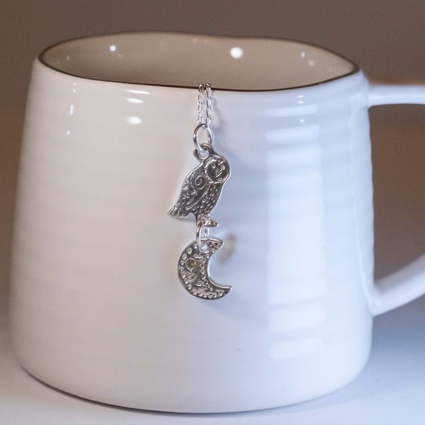 Handmade silver owl and moon necklace with silver chain