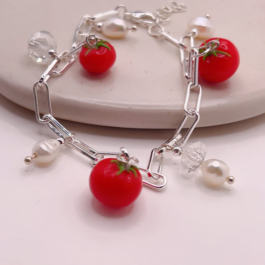 Handmade Tomato and Pearl Bracelet,  Playful Silver Charm Jewellery for her