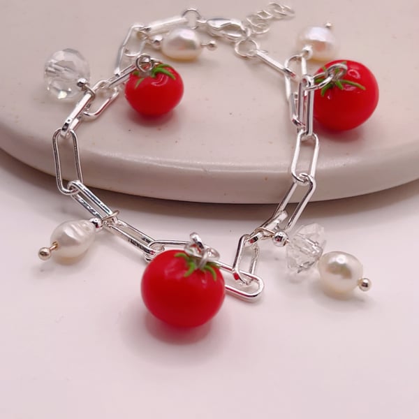 Handmade Tomato and Pearl Bracelet,  Playful Silver Charm Jewellery for her