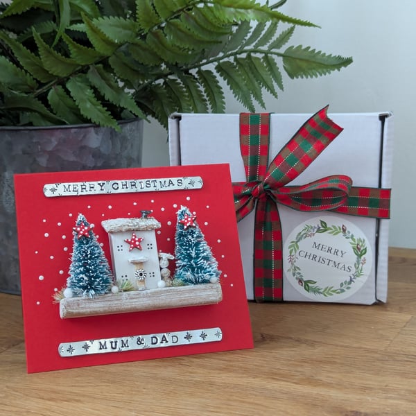 Merry Christmas Mum and Dad Card With Removable Wooden Cottage Gift