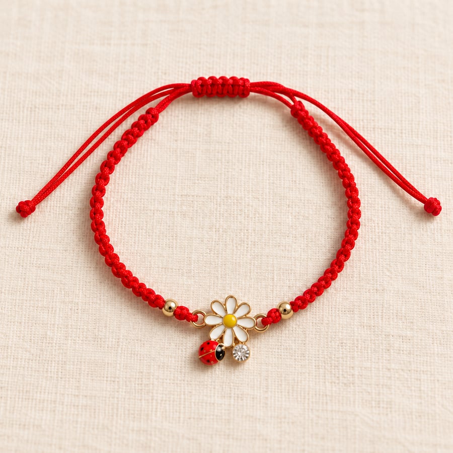 Image of Red Macramé Bracelet with Daisy and Ladybird Charms – Adjustable