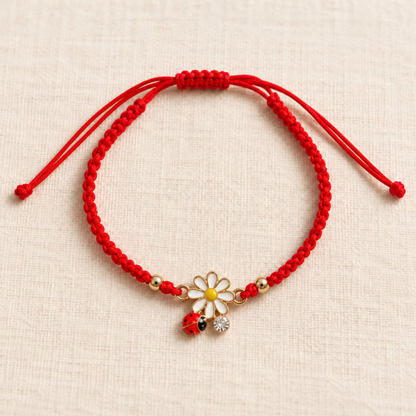 Red Macramé Bracelet with Daisy and Ladybird Charms – Adjustable