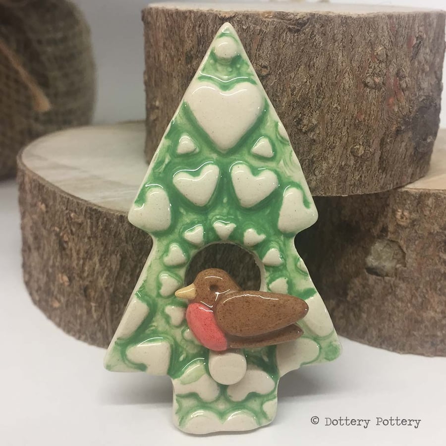 Ceramic Christmas tree brooch with a teeny robin. Pottery jewellery Pottery bird
