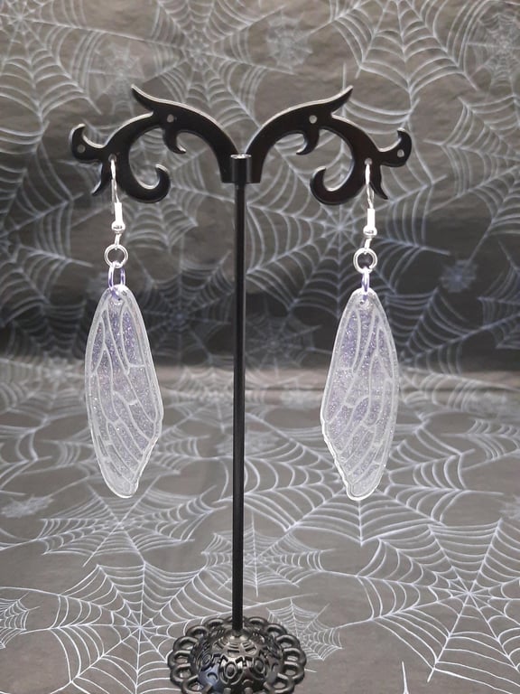 Purple Glitter Fairy Wing Earrings, Silver Detail, Resin Dangle Earrings