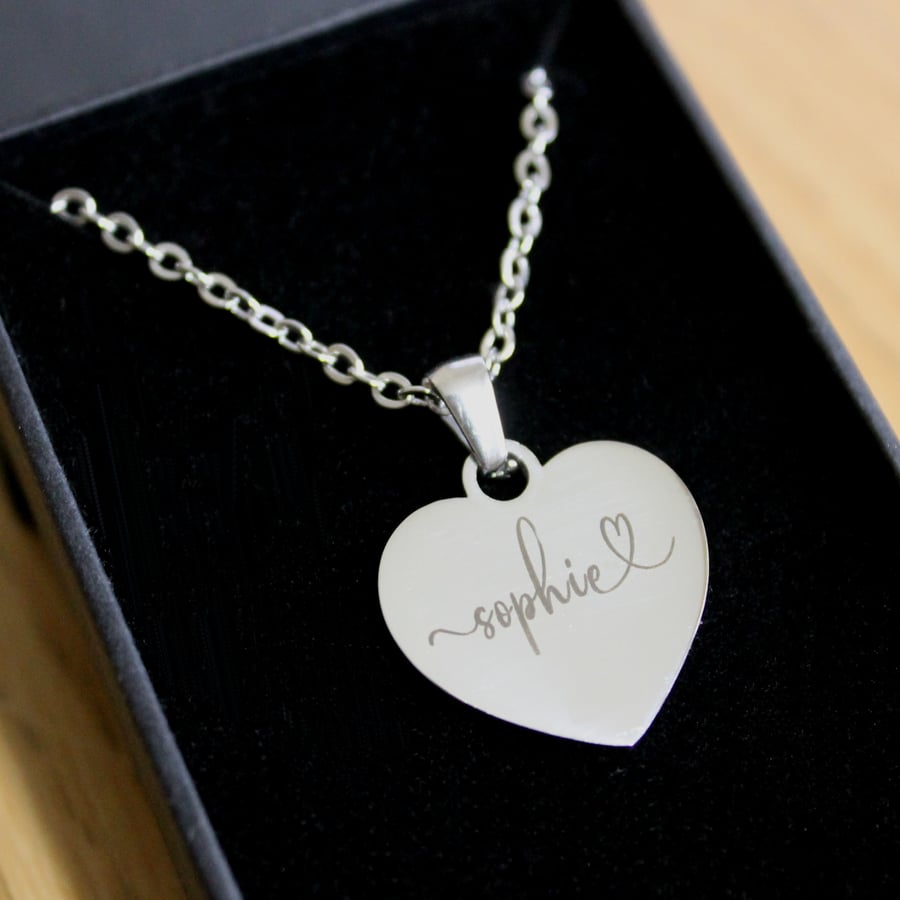 Engraved Name Necklace Heart Pendant Personalised Christmas Jewellery Gifts