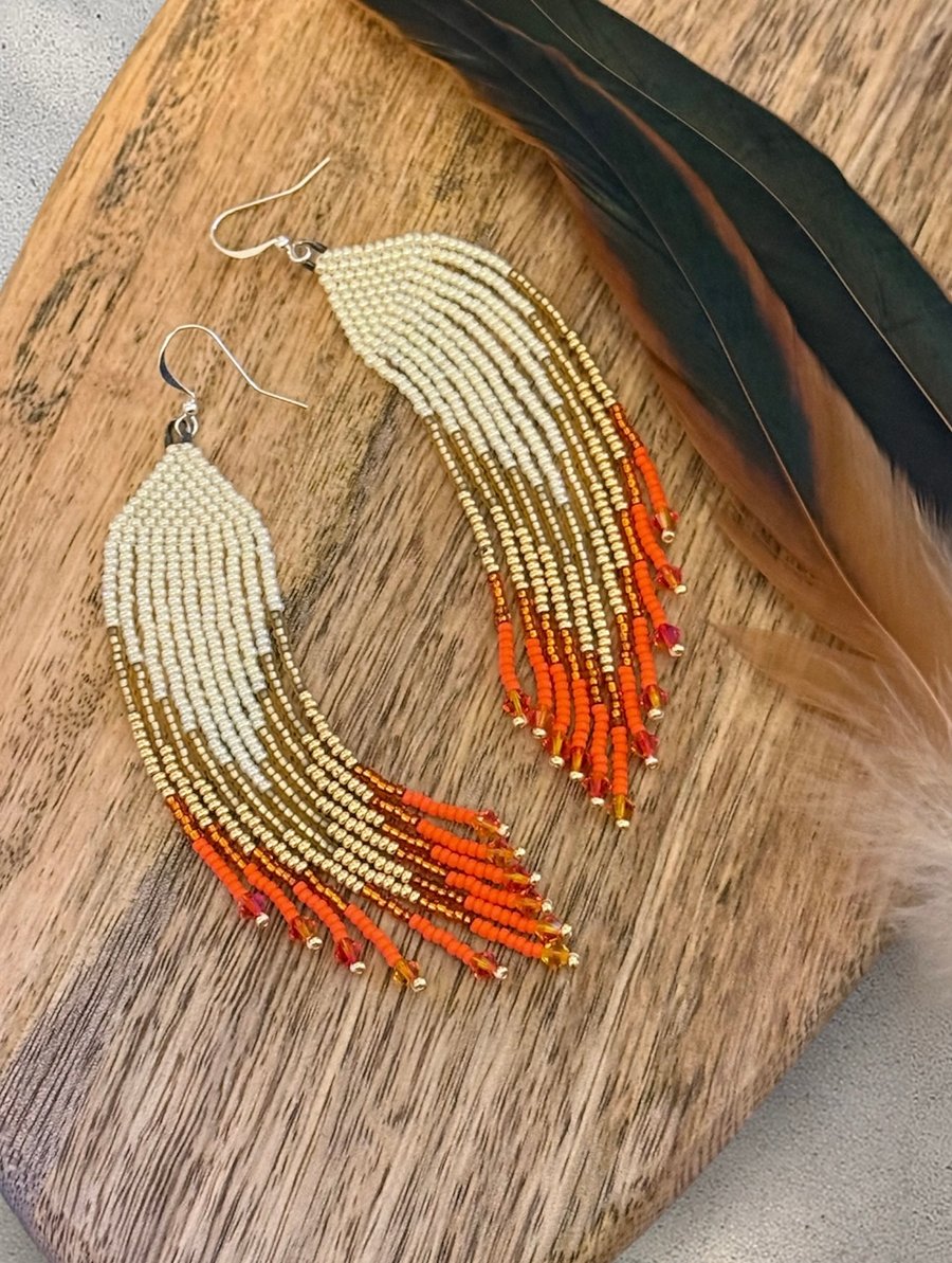 Orange and cream beadwork fringe earrings with Swarovski drops