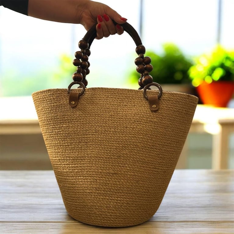 Handmade Jute Tote Bag with Wooden Bead Handles Natural Summer Beach & Market Ba