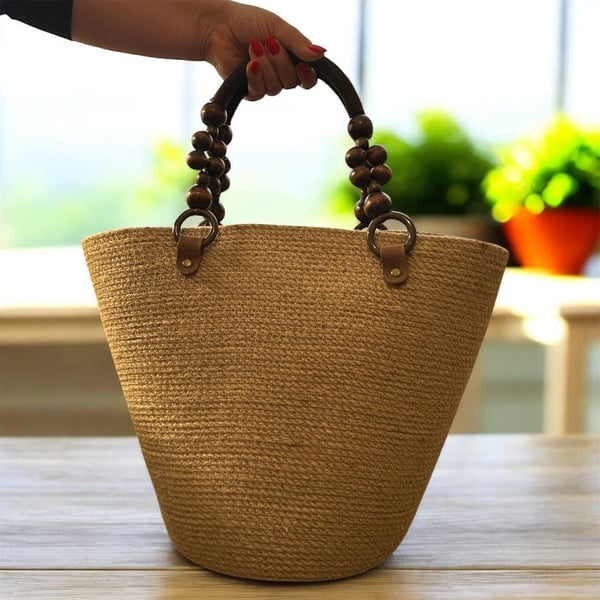 Handmade Jute Tote Bag with Wooden Bead Handles Natural Summer Beach & Market Ba