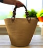 Handmade Jute Tote Bag with Wooden Bead Handles Natural Summer Beach & Market Ba